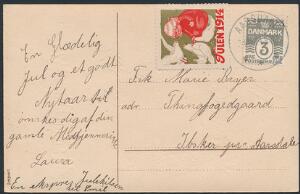 AARSDALE 24.11.1914. Brotype IIIb. på brevkort med 3 øre, Bølgelinie, grå og julemærke 1914. Stor sjældenhed i pragtkvalitet. DAKA 4000