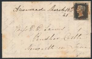 1840. One penny, black. O-K. A fine, small cover.