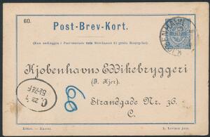 1889. Fri Correspondance Brev-kort, blå kan nedlægges i Postvæsenets røde Brevkasser til gratis Besørgelse, sendt til Kjøbenhavns Eddikebryggeri, Strandgade N
