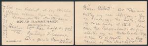 1932-1933. Exceptionelt lille visitkort fra Polarforsker KNUD RASMUSSEN, skrevet på vej til den 7´Thule Expedition 1932-1933. Med håndskrift på begge sider