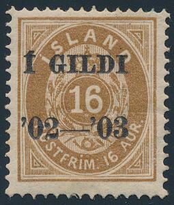1902. Í GILDI. 16 aur, brun. Tk.14. Fint ubrugt mærke. Facit 13000. Attest Nielsen.