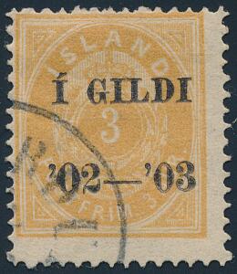 1902. Í GILDI. 3 aur, brunorange. Tk.14. Fint stemplet eksemplar. Facit 18000. Attest Nielsen.