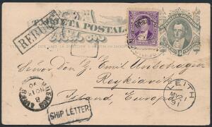 Argentina. 1891. 2 c. violet, used on 4 c. stationery sent by SHIP to ICELAND, dated 10.11.90 and BUENOS AIRES 13.11. Frame SHIP-LETTER and LEITH MY21 91.