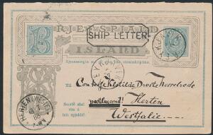 1888. 5 aur, helsag, grønblå. Dobbelt brevkort med ubenyttet svarkort, sendt til TYSKLAND, annulleret REYKJAVIK 4.7, rammestempel SHIP LETTER og HERTEN WESTF