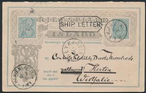 1888. 5 aur, helsag, grønblå. Dobbelt brevkort med ubenyttet svarkort, sendt til TYSKLAND, annulleret REYKJAVIK 4.7, rammestempel SHIP LETTER og HERTEN WESTF