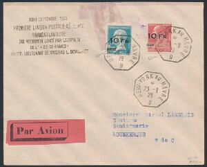 1928. Airmail. Ile-de-France. 10 Fr on 90 c. rose and 10 Fr. on 1,50 Fr. blue. Scarce set on a special flight cover, cancelled NEW-YORK AU HAVRE 23-8.28. Sign