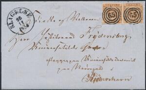 1854. 4 RBS Thiele III, olivenbrun. Plade III, nr. 65-66. Parstykke på LUX-brev fra SLAGELSE 16.11.1854 til København