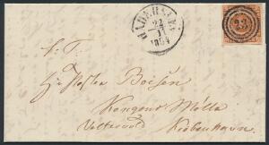 1854. 4 RBS Thiele III, kastaniebrun. Plade III, nr. 89. Lille brev fra Haderslev 22.11.1854 til København. LUXUS-kvalitet. Attester Nielsen og Møller