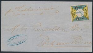1878. HAPAG, 10 cents, gulblågrøn. Randmærke med utakket venstre marginal på brevomslag fra CAPE HAYTI til Port au Prince med skibet LOTHARINGIA