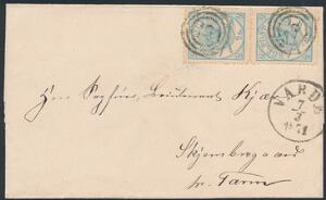 1864. 2 sk. 1870 linietakket 12 12. Flot parstykke på fint lille brev fra VARDE 7.3.1871 til Tarm. Attest Nielsen