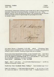 1849. Interessant brev med fuldt indhold fra Barmen 31.1.49 til RIPEN, via Altona og Hadersleben 10.2.1849. Smukt monteret på udstillingsplanche med analyse