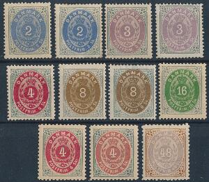 1870. 2-48 sk. Komplet sæt ubrugt incl. flere værdier i antal 2 x 2 sk, 2 x 3 sk, 3 x 4 sk to er linietakkede, 2 x 8 sk. 1 x 16 sk. samt en 48 sk. med