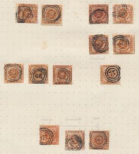 1854-1858. 4 SKILLING. Special-samling af 4 skilling, brun 1854 og 1858-udgave, opsat på gamle albumblade. Indeholder i alt ca. 367 mærker incl. mange bedre ste