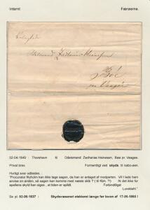 1849. Prefilbrev fra Thorshavn til Bøe paa Vaagøe. Fuldt indhold dateret Thorshavn den 2.April 1849. Fint monteret på udstillingsplanche