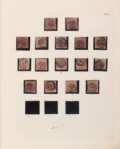 1851-1854. FIRE R.B.S. Ældre special samling i springbind indeholdende 18 mærker i nuancer 3 attester medfølger og 11 pæne breve.