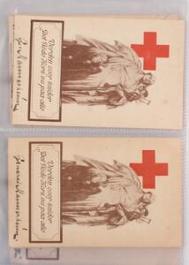 Postkort. Interessant samling Røde Kors med 43 ens kort Verden over kalder det Røde Kors nu paa alle. Alle med origninale signaturer fra Royale osv.