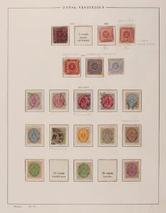 1856-1915. Ældre samling på løse sider med nogle Kvadrater, diverse Tofarvede incl. 1 cent, tk.12 med isoleret ret ramme i ubrugt fireblok, St. Thomas Havn osv