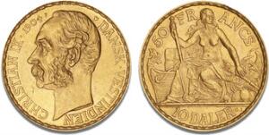 Christian IX, 50 francs  10 daler 1904, H 29, KM 73, F 1, lille ks.