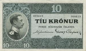 10 kr u. år 1925, nr. 008619, Sieg 23, Pick 20, usædvanlig smukt eksemplar