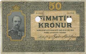 50 kr u. år 1907, nr. 15332, Sieg 11, Pick 6, hulmakuleret samt forstærket med mærkat på bagsiden