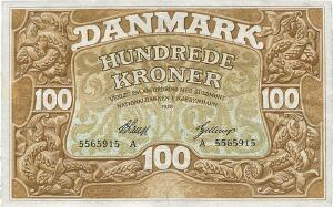 100 kr 1928 A, V. Lange  Gellerup, nr. 5565915, Sieg 109, Pick 23