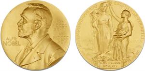 Nobel prize medal awarded to the American-Danish nuclear physicist Ben Mottelson in 1975. Modeled by Erik Lindberg. 66 mm, 204.5 g, 23 kt 0.992, Au