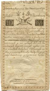 Poland, Stanislaw Augustus, 10 Zlotych Treasury Note Bilet Skarbowy, June 8th 1794, No. 37996, M. Pagowski, Pick A2a