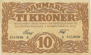 10 kr 1930 A, nr. 5553020, V. Lange  Friis, Sieg 104, DOP 119, Pick 26