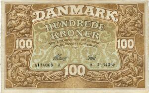 100 kr 1928 A, Nr. 4134068, V. Lange  Friis, Sieg 109, DOP 116, Pick 23