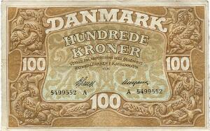 100 kr 1928 A, Nr. 5499552, V. Lange  Neergaard, Sieg 109, DOP 116, Pick 23