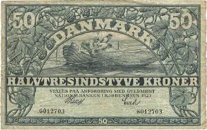 50 kr 1923, Nr. 6012703, V. Lange  Lund, Sieg 106, DOP 115, Pick 22, flere små rifter langs kanterne