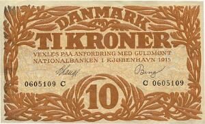 10 kr 1915 C, Nr. 0605109, V. Lange  Bang, Sieg 103, DOP 114, Pick 21