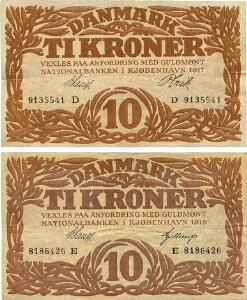 10 kr 1917 D, Nr. 9135541, V. Lange  Olrik, 10 kr 1919 E, Nr. 8186426, V. Lange  Gellerup, Sieg 103, DOP 114, Pick 21, 2 stk.