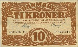 10 kr 1919 F, Nr. 4601216, V. Lange  Bang, Sieg 103, DOP 114, Pick 21