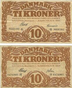 10 kr 1921 G, Nr. 9660392, V. Lange  Hammerich, 10 kr 1922 H, Nr. 6476905, V. Lange  Klein, Sieg 103, DOP 114, Pick 21, 2 stk.