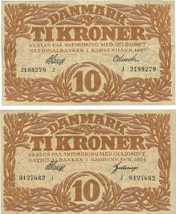 10 kr 1923 J, Nr. 3188279, V. Lange  Odewahn, 10 kr 1924 J, Nr. 9127682, V. Lange  Gellerup, Sieg 103, DOP 114, Pick 21, 2 stk.