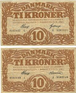 10 kr 1924 J, Nr. 6583149, V. Lange  Hermann, 10 kr 1924 K, Nr. 0287037, V. Lange  Gellerup, Sieg 103, DOP 114, Pick 21, 2 stk.