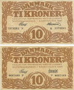 10 kr 1927 N, Nr. 3379283, V. Lange  Hermann, 10 kr 1928 P, Nr. 6087489, V. Lange  Clemmentsen, Sieg 103, DOP 114, Pick 21, 2 stk.