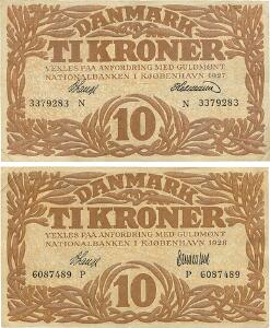 10 kr 1927 N, Nr. 3379283, V. Lange  Hermann, 10 kr 1928 P, Nr. 6087489, V. Lange  Clemmentsen, Sieg 103, DOP 114, Pick 21, 2 stk.