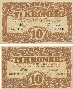 10 kr 1927 N, Nr. 5087430, V. Lange  Lund, 10 kr 1928 P, Nr. 4823957, V. Lange  Gellerup, Sieg 103, DOP 114, Pick 21, 2 stk.