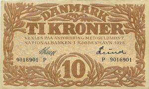 10 kr 1928 P, Nr. 9016901, V. Lange  Lund, Sieg 103, DOP 114, Pick 21