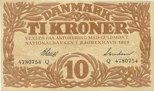 10 kr 1928 Q, Nr. 4780754, V. Lange  Svendsen, Sieg 103, DOP 114, Pick 21