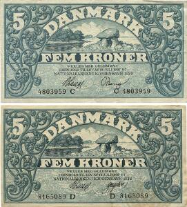 5 kr 1920 C, Nr. 4803959, V. Lange  Bang, 10 kr 1922 D, Nr. 8165089, V. Lange  Gregersen, Sieg 100, DOP 113, Pick 20, 2 stk.