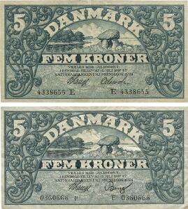 5 kr 1924 E, Nr. 4338655, V. Lange  Odewahn, 10 kr 1924 F, Nr. 0360666, V. Lange  Bang, Sieg 100, DOP 113, Pick 20, 2 stk.