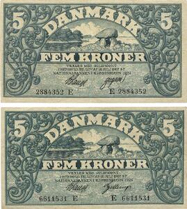 5 kr 1924 E, Nr. 6611531, V. Lange  Gellerup, 10 kr 1924 E, Nr. 2884352, V. Lange  Gregersen, Sieg 100, DOP 113, Pick 20, 2 stk.