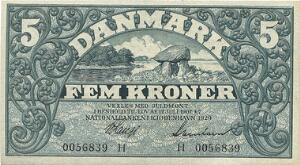5 kr 1929 H, Nr. 0056839, V. Lange  Svendsen, Sieg 100, DOP 113, Pick 20