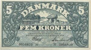 5 kr 1929 H, Nr. 0056839, V. Lange  Svendsen, Sieg 100, DOP 113, Pick 20