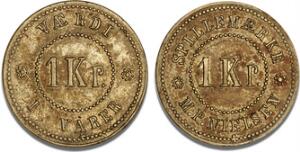 Spillemærke, M. P. Nielsen, 1 Kr., messing, 28,5 mm - yderst sjældent mærke der ikke er registreret i Stolberg
