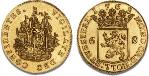 Holland, Proof Scheepjesshelling 6 Stuivers 1763, struck in gold to a weight of 2 Ducats 6.93 g, Delmonte 816