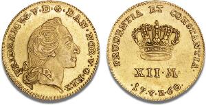 Kurantdukat  12 mark 1760 WVH, H 22C, F 269, nydeligt eksemplar med møntskær